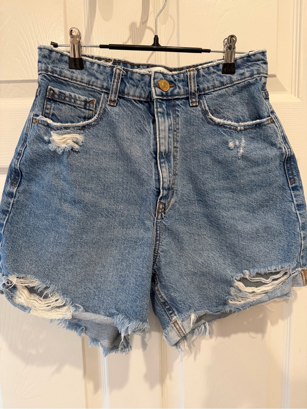 Zara Light Blue Distressed High-Waist Denim Shorts